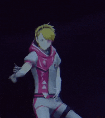 a cartoon character in a pink and white outfit is pointing