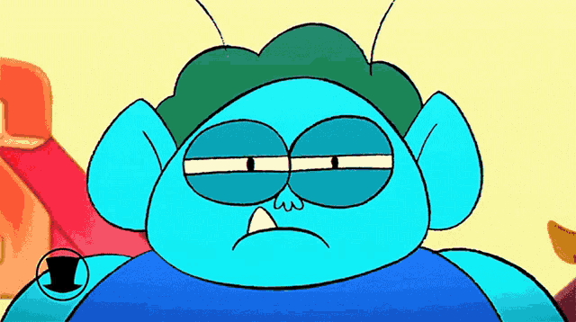 a close up of a cartoon character with a green hat and a blue shirt .
