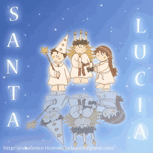 a drawing of a boy and two girls with the words santa and lucia above them