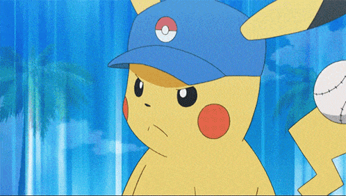 a pikachu wearing a blue hat with a red circle on it