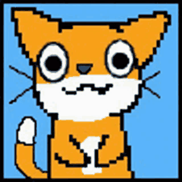 a pixel art drawing of an orange and white cat on a blue background .
