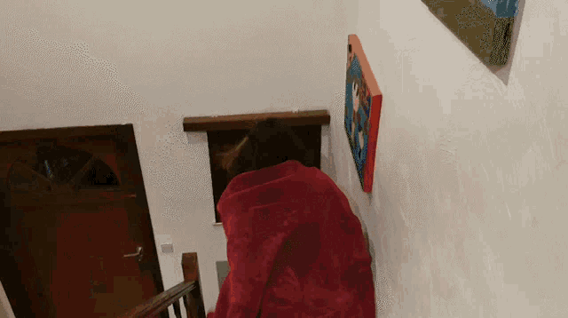 a person wrapped in a red blanket walking down stairs