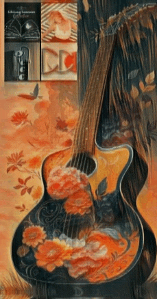 a painting of an acoustic guitar with flowers and leaves on it