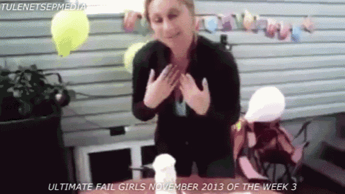 a woman is standing in front of a table with balloons and cotton candy and the words ultimate fail girls november 2013 of the week 3