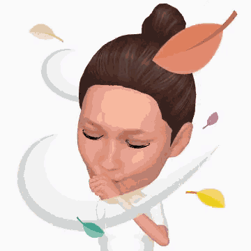 a cartoon of a woman with a bun and leaves in her hair covering her mouth .