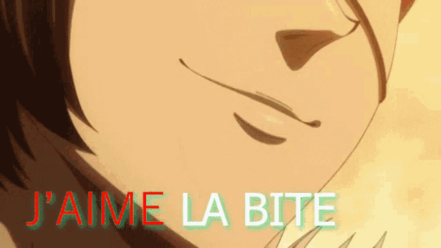 a close up of a person 's mouth with the words " j'aime la bite " written below it