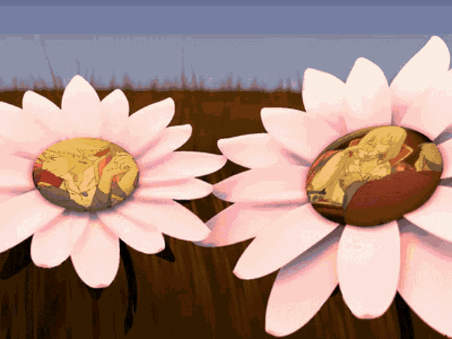 a couple of flowers with a picture of a man on them