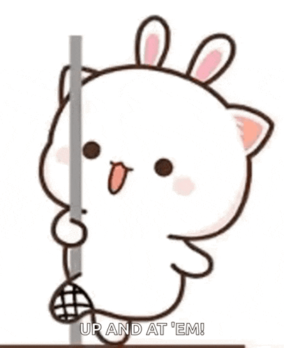 a cartoon cat with bunny ears is standing next to a pole and holding a ball .