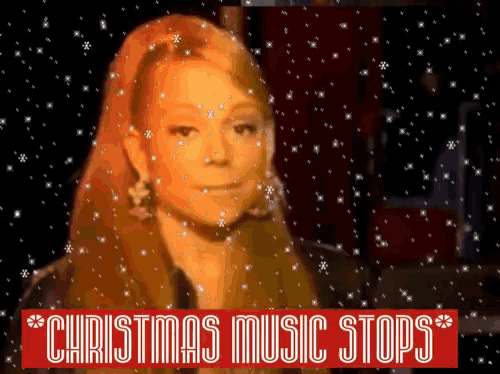 a picture of a woman with the words christmas music stops below her