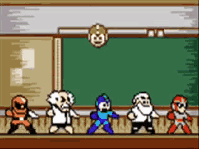 a group of cartoon characters are standing in front of a green board