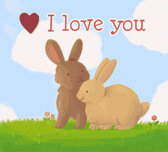 two rabbits in a field with the words i love you
