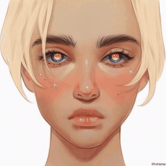 a close up of a woman 's face with a drawing of a starry sky in her eyes
