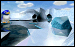 a blue and white penguin is standing on a snowy surface