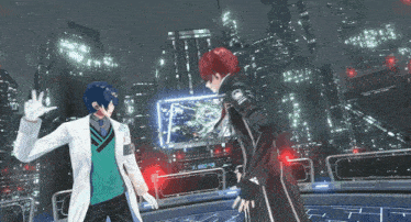 two anime characters are standing next to each other in front of a large screen that says rec-0