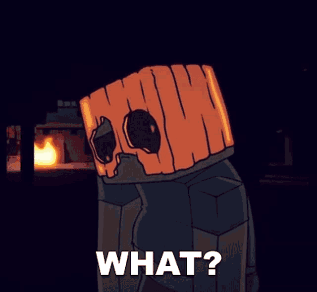 a cartoon character with a pumpkin on his head and the words " what " below him