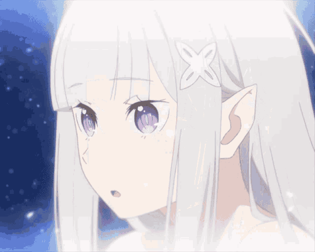 a girl with white hair and purple eyes has a white flower in her hair