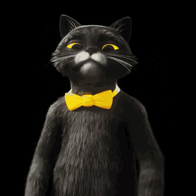 a black cat with a yellow bow tie