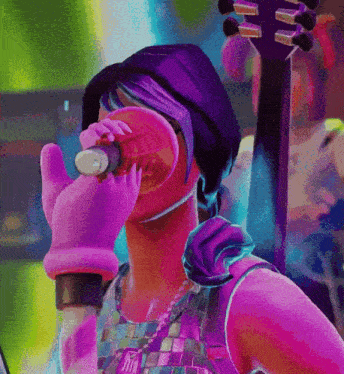 a cartoon character is singing into a microphone while wearing a pink glove