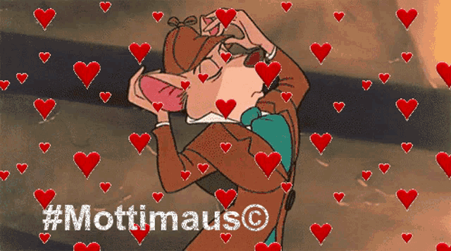 a cartoon mouse is surrounded by red hearts and the hashtag #motimaus