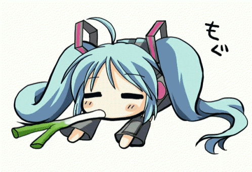 a drawing of a girl with blue hair and headphones laying down with a green leaf in her mouth