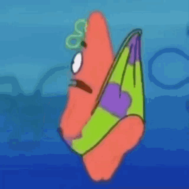 patrick star from spongebob squarepants is holding a purple and green bag .