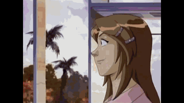 a cartoon of a girl looking out a window