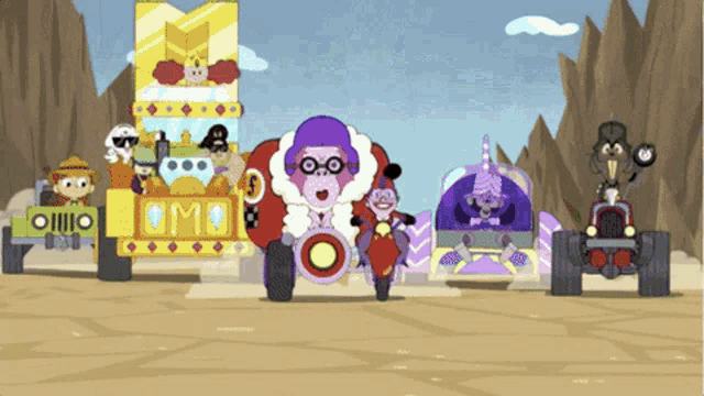 a group of cartoon characters are driving vehicles with the word omo on them