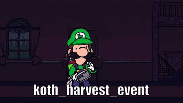 a cartoon of a man with a green hat and the words koth harvest event below him