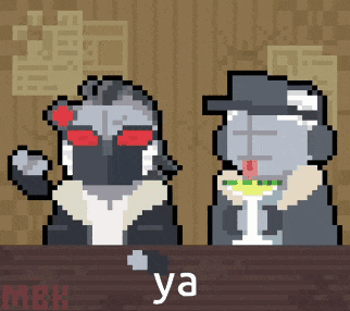 a pixel art of a man and a cat sitting at a table with the word ya in the bottom right corner