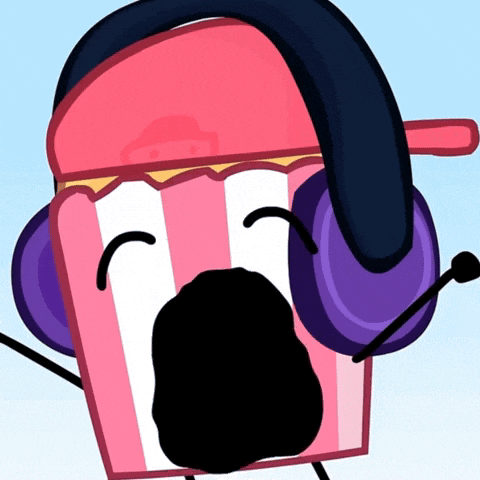 a cartoon popcorn bucket wearing headphones and a hat
