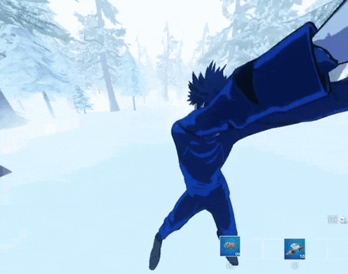 a man in a blue shirt is standing in a snowy forest with a blue item that says 10