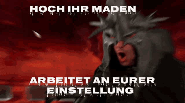 a man in a helmet with the words hoch ihr maden written on it