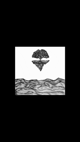 a black and white drawing of a tree on a small island in the middle of the ocean .