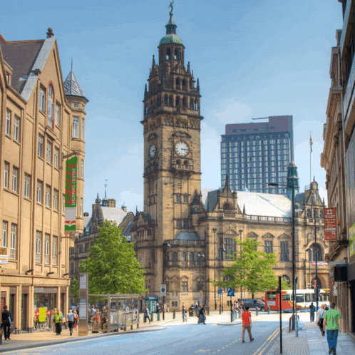 a clock tower in a city with a sign that says ' abercrombie & fitch '
