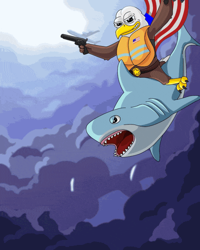 a cartoon of a bald eagle riding a shark holding a gun
