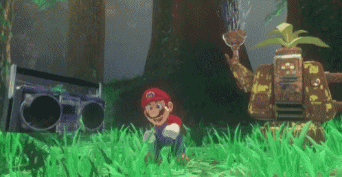 a video game character named mario is standing in the grass next to a radio