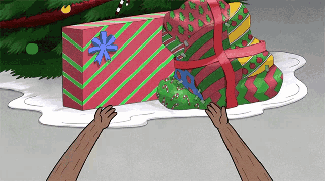 a cartoon of a person holding a stack of gifts under a christmas tree