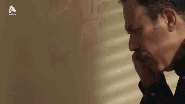 a close up of a man with a mustache covering his mouth with his hands .