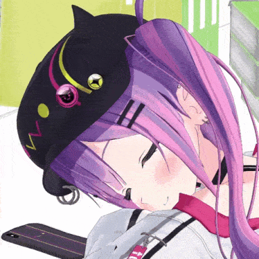 a girl with purple hair is wearing a black hat with a cat ear on it