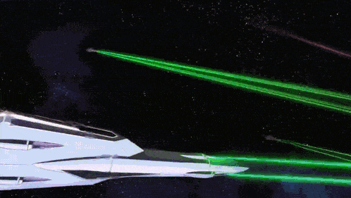 a green lightning bolt is coming out of a pink object in space