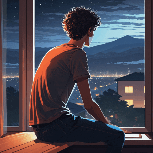a man with curly hair is sitting on a window sill looking out at night