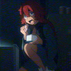 a girl with red hair is sitting in a dark room holding a cup of coffee and a donut .
