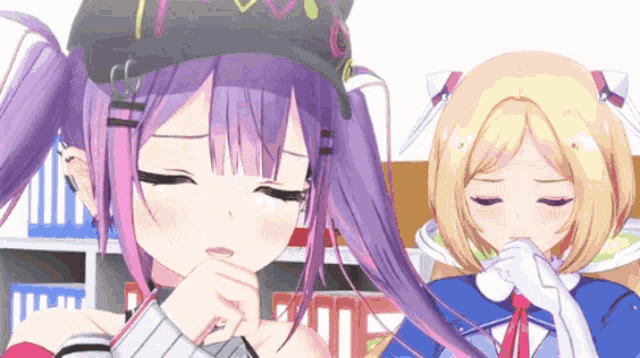 two anime girls one with purple hair and one with blonde hair are sitting next to each other with their eyes closed