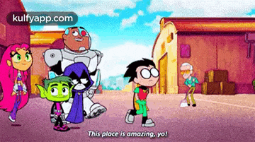 a group of cartoon characters are standing next to each other in a street .