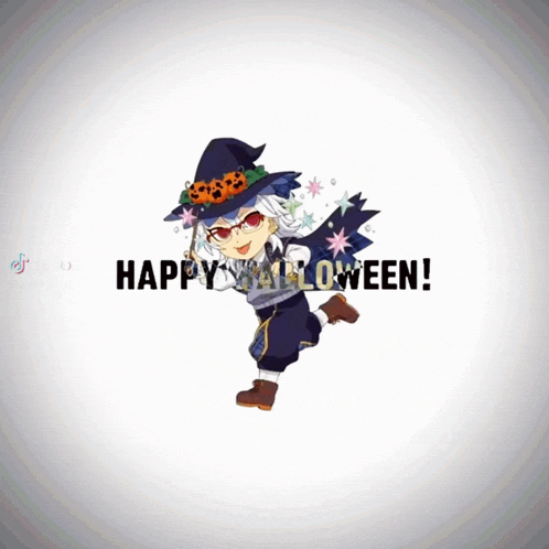 a cartoon character with a witch hat and the words happy halloween on the bottom
