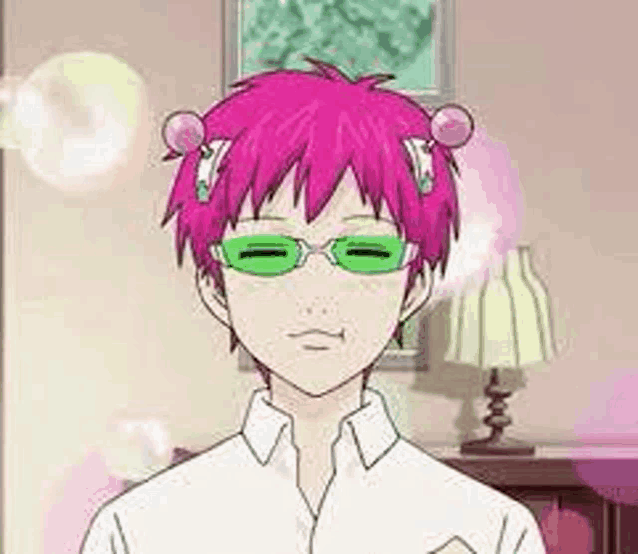 a cartoon character with pink hair and green glasses is wearing a white shirt .
