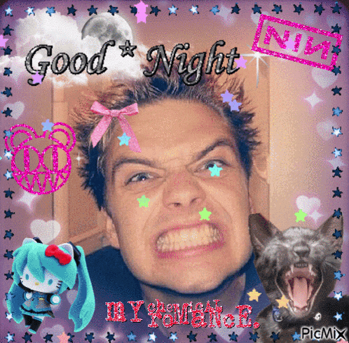 a picture of a man with a pink bow on his head and the words good night on the bottom