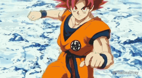 a cartoon character with red hair and a blue belt is standing in front of a body of water .