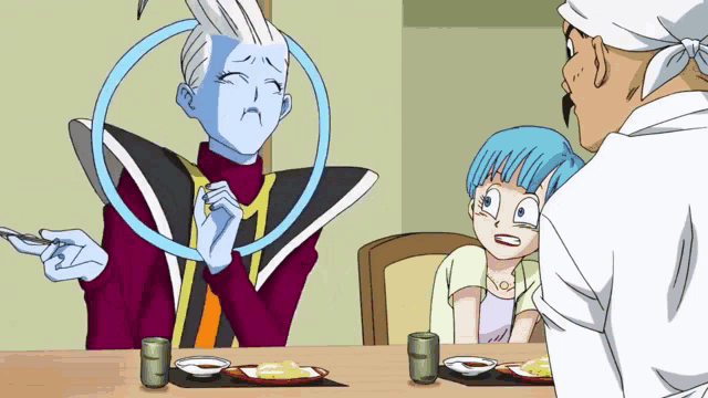 a cartoon of a woman with blue hair sitting at a table with two other people