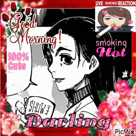 a good morning greeting card with a girl smoking a cigarette and roses .